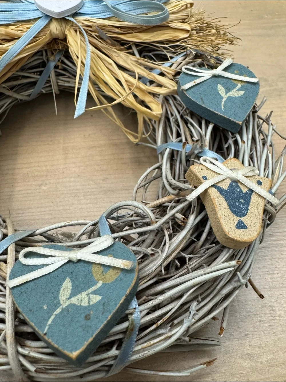 Vintage Decorative Blue and Natural Heart Wreath - Home Holiday